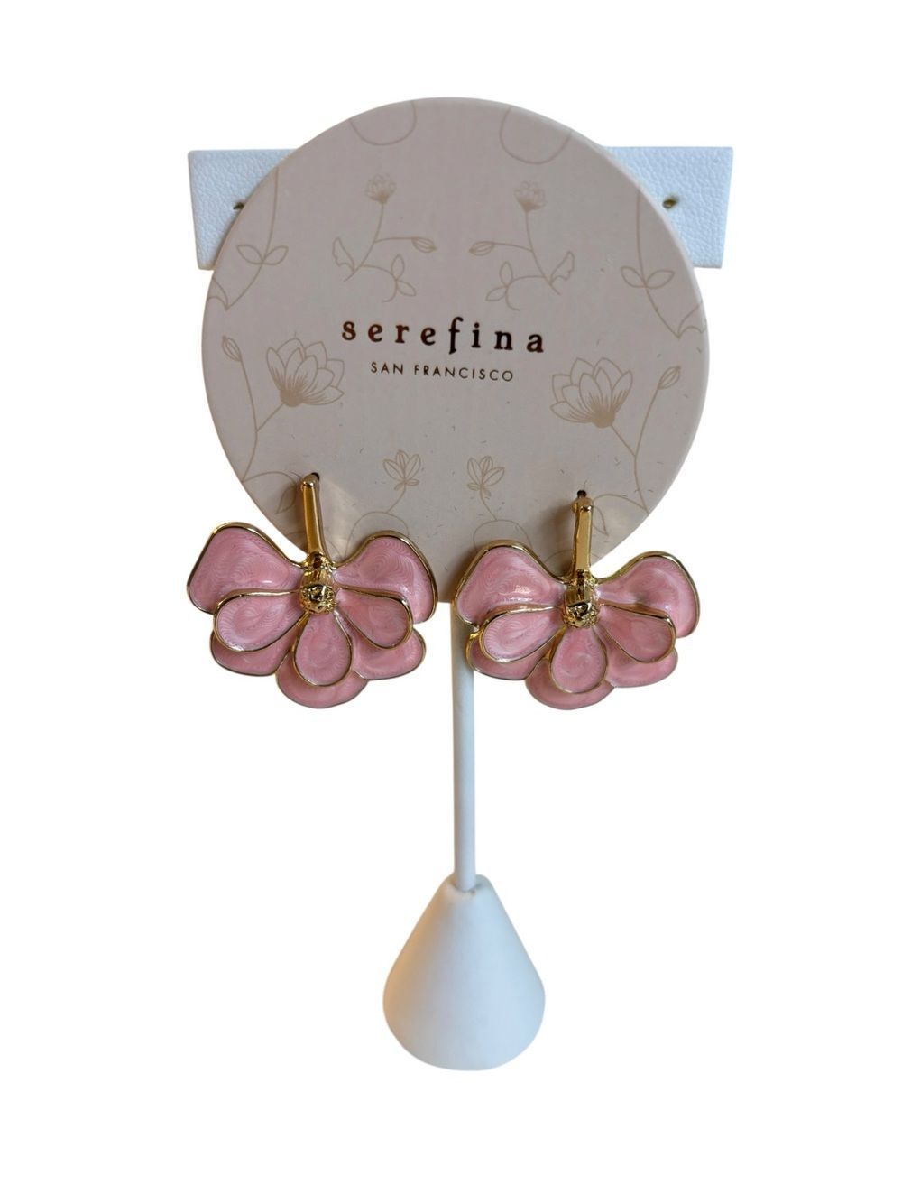 Light Pink & Gold Tone Multi-layered Enamel Flower Petal Drop Earrings.